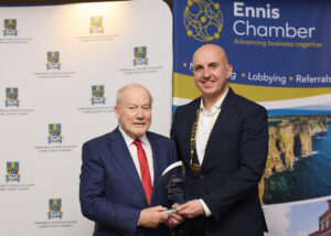 At the Ennis Chamber Business Excellence Awards, Mick was presented with the inaugural President’s Award by Chamber President Diarmuid McMahon.
